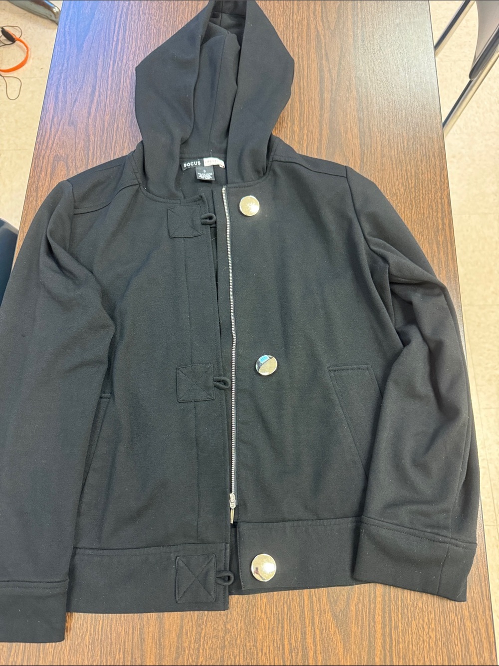 Black Hooded Women's Jacket with Button Accents